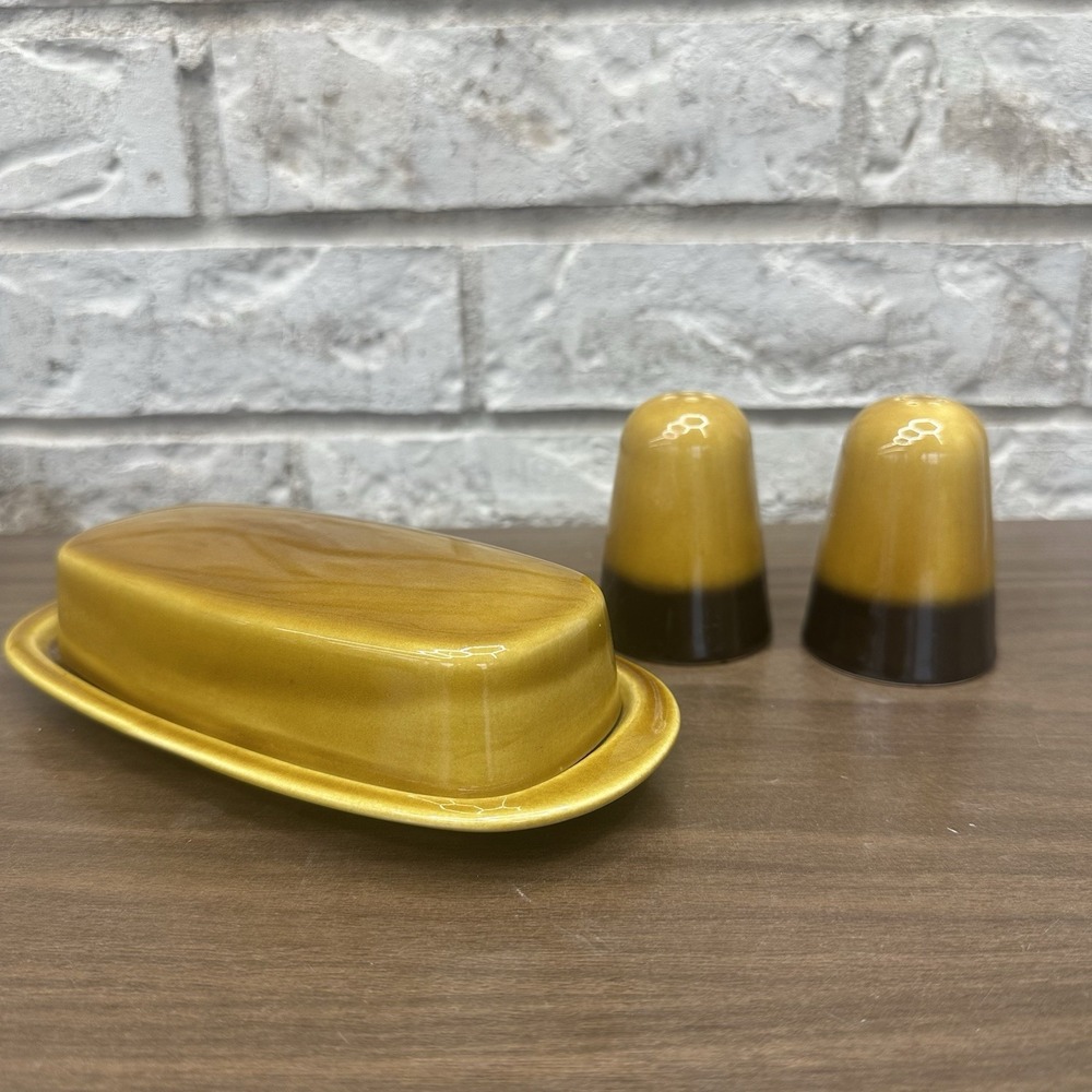 Set‎ Vintage Ceramic Butter Dish & Salt / Pepper MCM Retro 70s Gold Brown Glazed